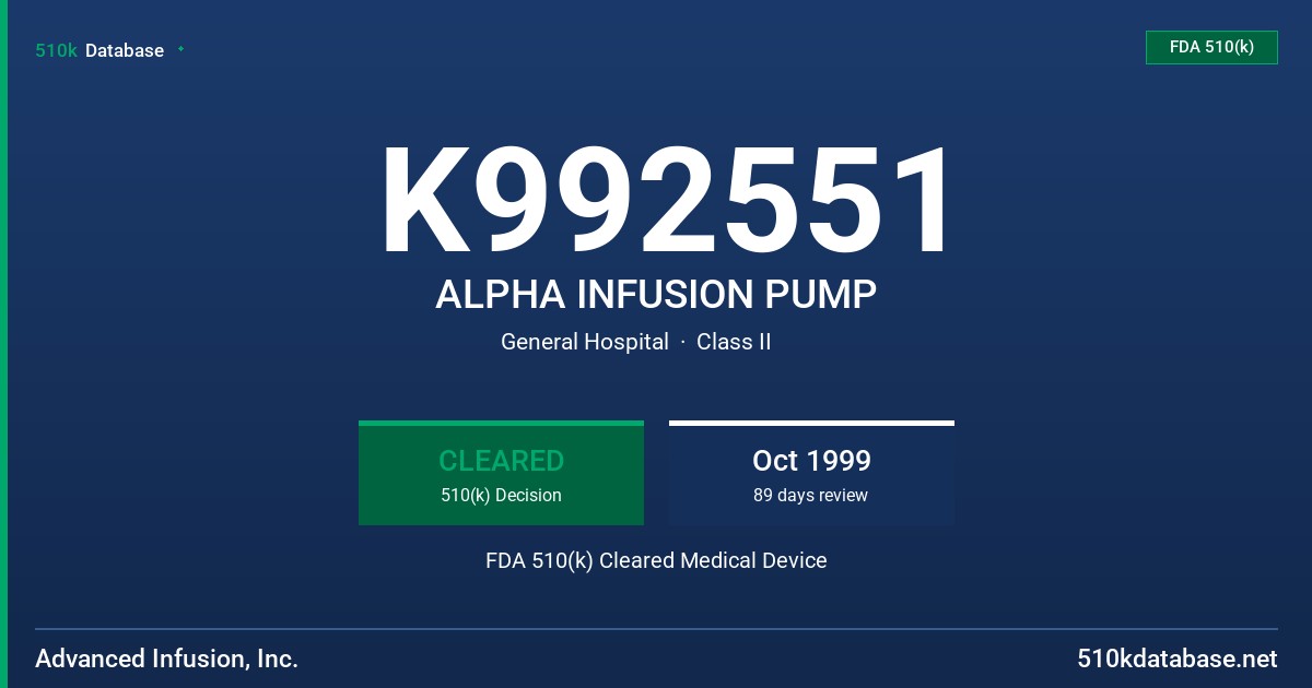K992551 ALPHA INFUSION PUMP FDA 510(k) Cleared Medical Device