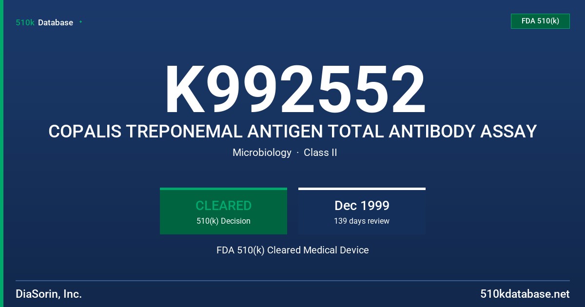 K992552 COPALIS TREPONEMAL ANTIGEN TOTAL ANTIBODY ASSAY FDA 510(k) Cleared Medical Device
