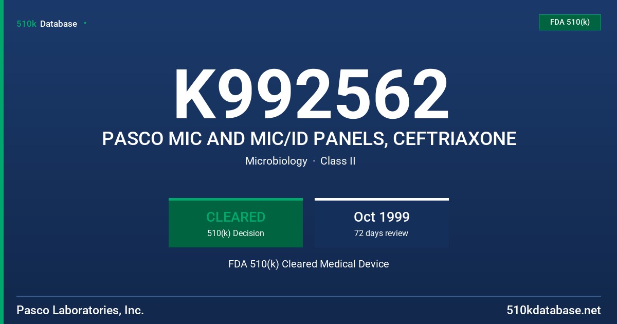 K992562 PASCO MIC AND MIC/ID PANELS, CEFTRIAXONE FDA 510(k) Cleared Medical Device