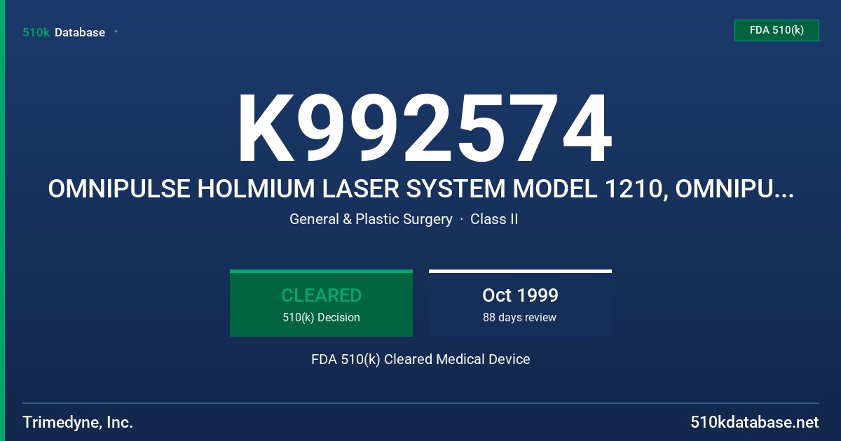 K992574 OMNIPULSE HOLMIUM LASER SYSTEM MODEL 1210, OMNIPULSE-MAX HOLMIUM LASER SYSTEM MODELS 1210-VHP, 1500A FDA 510(k) Cleared Medical Device