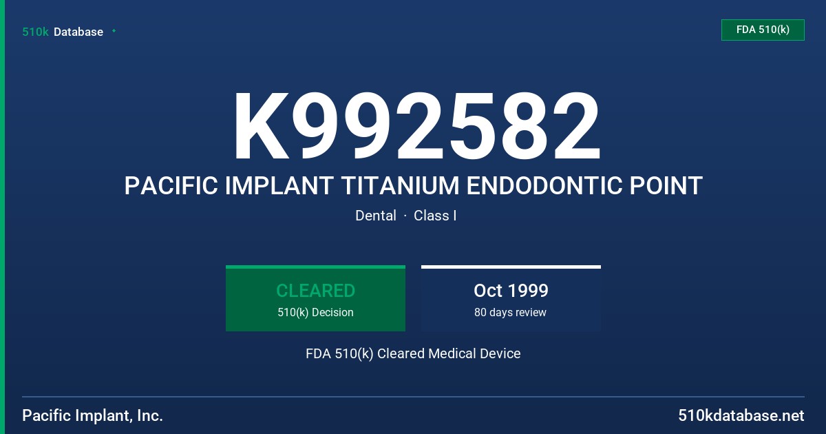 K992582 PACIFIC IMPLANT TITANIUM ENDODONTIC POINT FDA 510(k) Cleared Medical Device