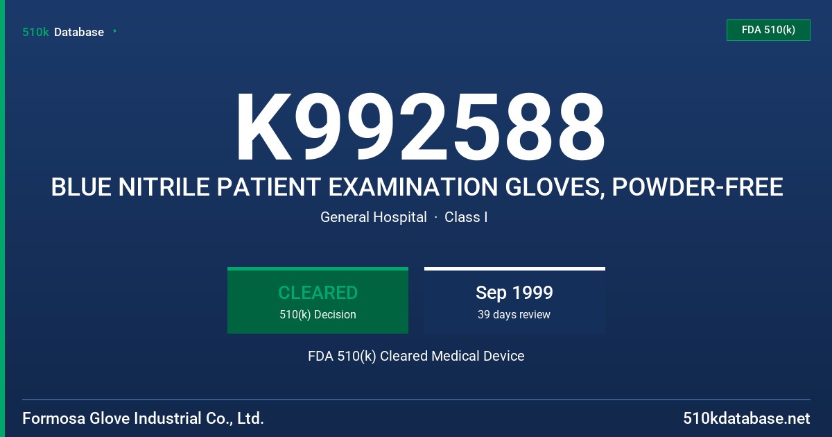 K992588 BLUE NITRILE PATIENT EXAMINATION GLOVES, POWDER-FREE FDA 510(k) Cleared Medical Device