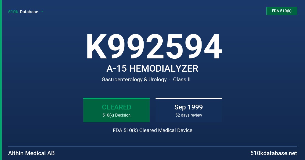 K992594 A-15 HEMODIALYZER FDA 510(k) Cleared Medical Device