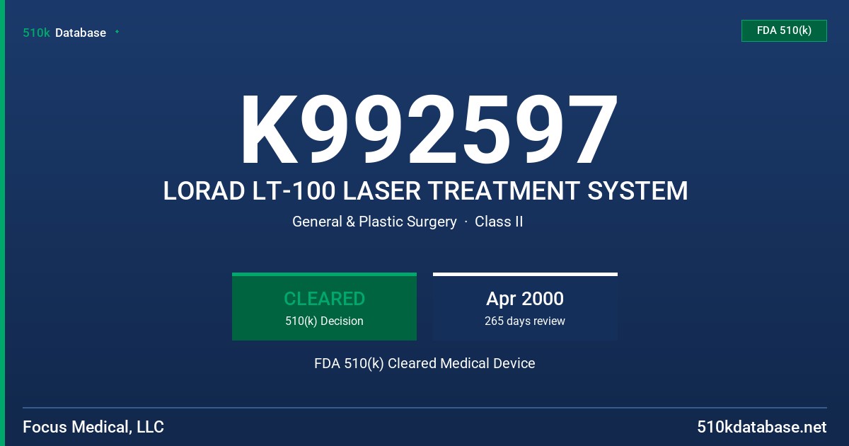 K992597 LORAD LT-100 LASER TREATMENT SYSTEM FDA 510(k) Cleared Medical Device