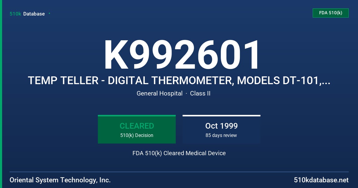 K992601 TEMP TELLER - DIGITAL THERMOMETER, MODELS DT-101, DT-102, DT-103, DT-201, DT-202, DT-203 FDA 510(k) Cleared Medical Device