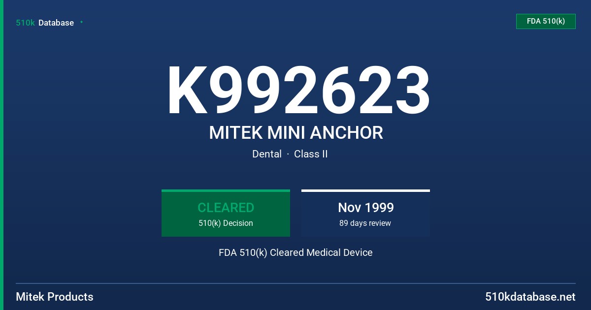 K992623 MITEK MINI ANCHOR FDA 510(k) Cleared Medical Device