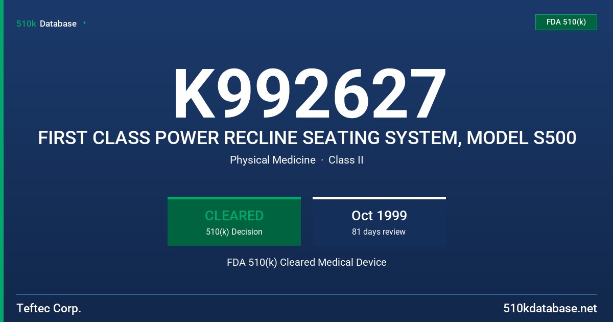 K992627 FIRST CLASS POWER RECLINE SEATING SYSTEM, MODEL S500 FDA 510(k) Cleared Medical Device