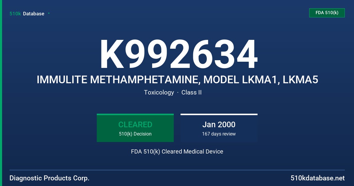 K992634 IMMULITE METHAMPHETAMINE, MODEL LKMA1, LKMA5 FDA 510(k) Cleared Medical Device