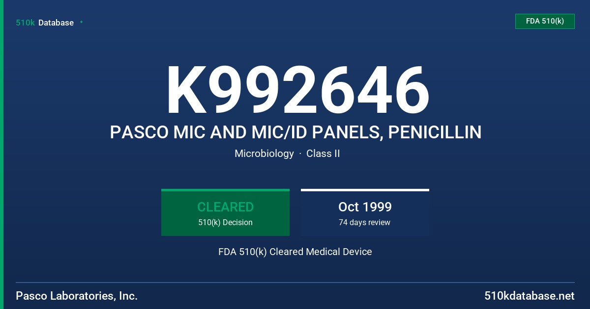 K992646 PASCO MIC AND MIC/ID PANELS, PENICILLIN FDA 510(k) Cleared Medical Device