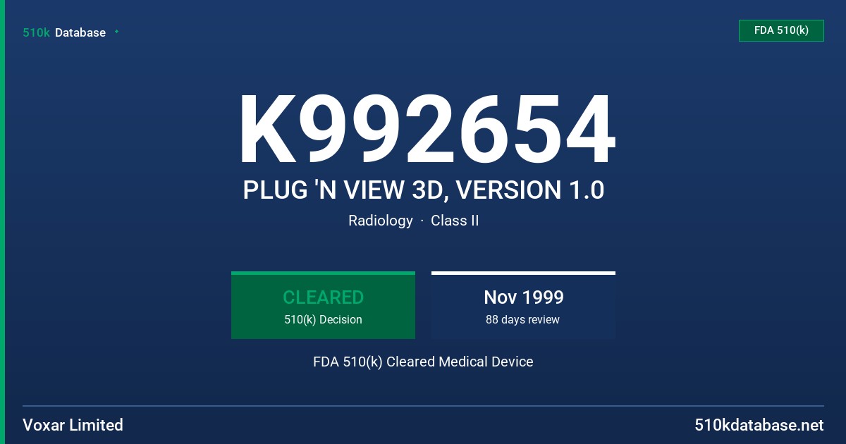 K992654 PLUG 'N VIEW 3D, VERSION 1.0 FDA 510(k) Cleared Medical Device