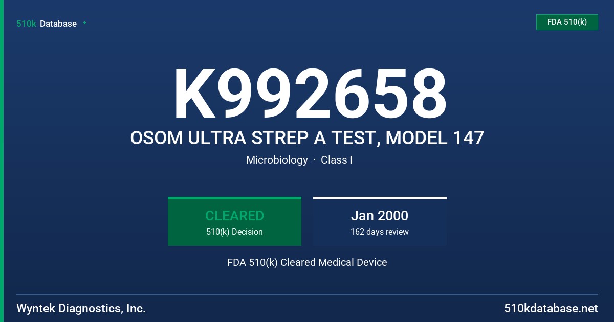 K992658 OSOM ULTRA STREP A TEST, MODEL 147 FDA 510(k) Cleared Medical Device