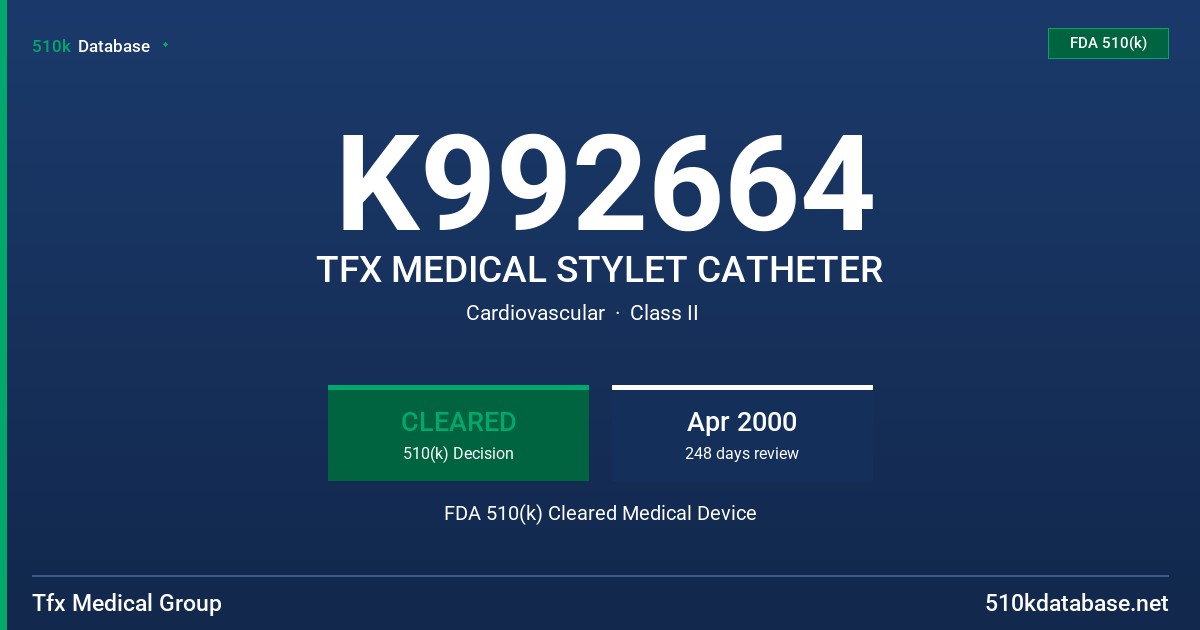 K992664 TFX MEDICAL STYLET CATHETER FDA 510(k) Cleared Medical Device