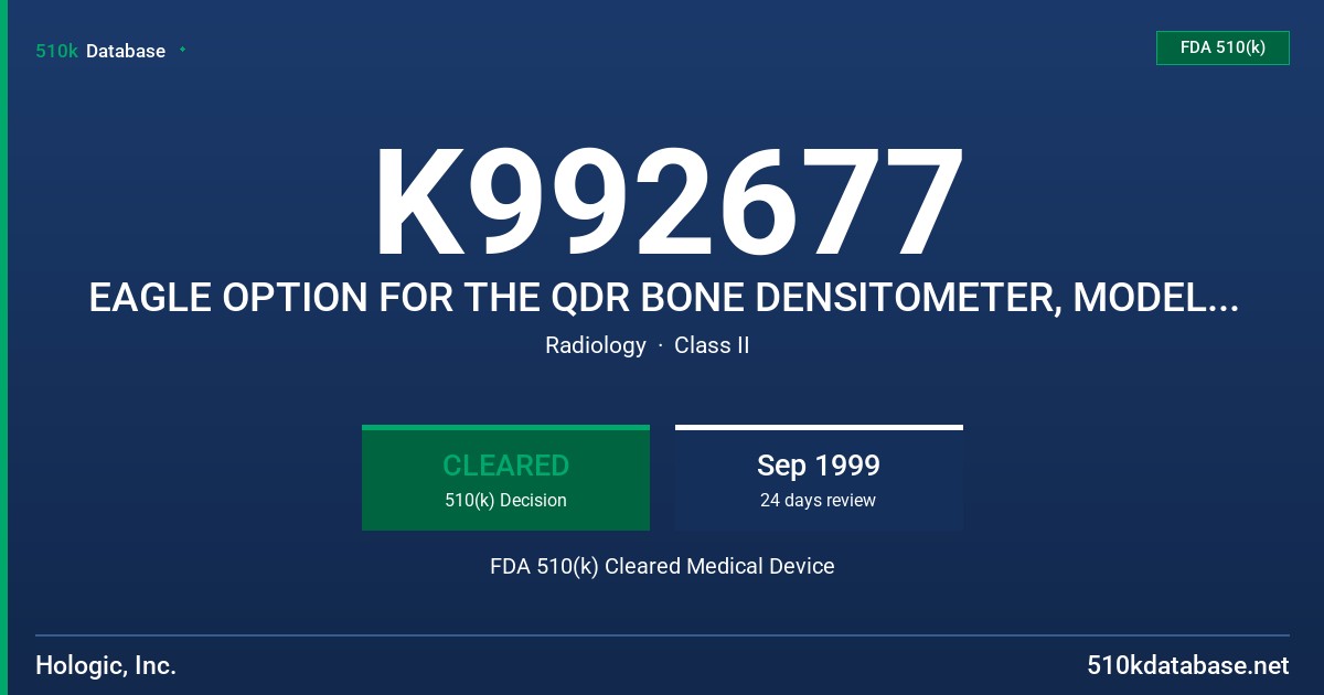 K992677 EAGLE OPTION FOR THE QDR BONE DENSITOMETER, MODELS QDR4500, QDR2000, QDR1500, QDR4000, QDR1000, QDR1000W FDA 510(k) Cleared Medical Device