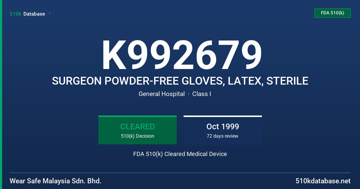 K992679 SURGEON POWDER-FREE GLOVES, LATEX, STERILE FDA 510(k) Cleared Medical Device