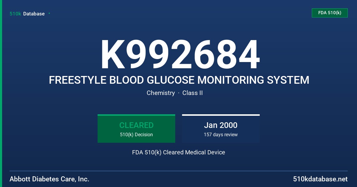 K992684 FREESTYLE BLOOD GLUCOSE MONITORING SYSTEM FDA 510(k) Cleared Medical Device