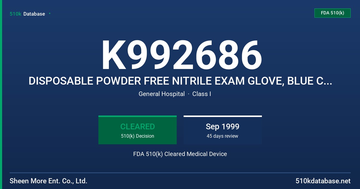 K992686 DISPOSABLE POWDER FREE NITRILE EXAM GLOVE, BLUE COLOR FDA 510(k) Cleared Medical Device