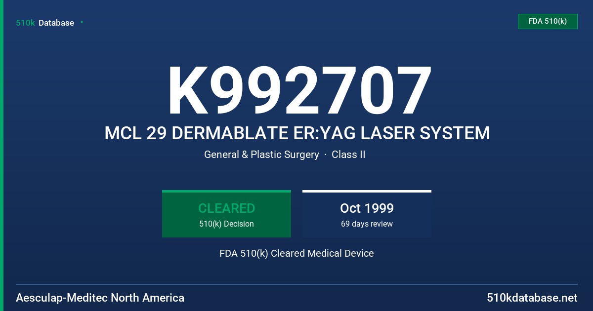 K992707 MCL 29 DERMABLATE ER:YAG LASER SYSTEM FDA 510(k) Cleared Medical Device