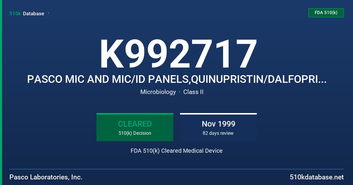 K992717 PASCO MIC AND MIC/ID PANELS,QUINUPRISTIN/DALFOPRISTIN FDA 510(k) Cleared Medical Device