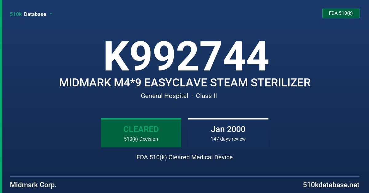 K992744 MIDMARK M4*9 EASYCLAVE STEAM STERILIZER FDA 510(k) Cleared Medical Device