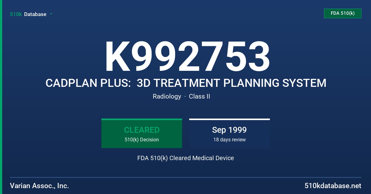 K992753 CADPLAN PLUS:  3D TREATMENT PLANNING SYSTEM FDA 510(k) Cleared Medical Device