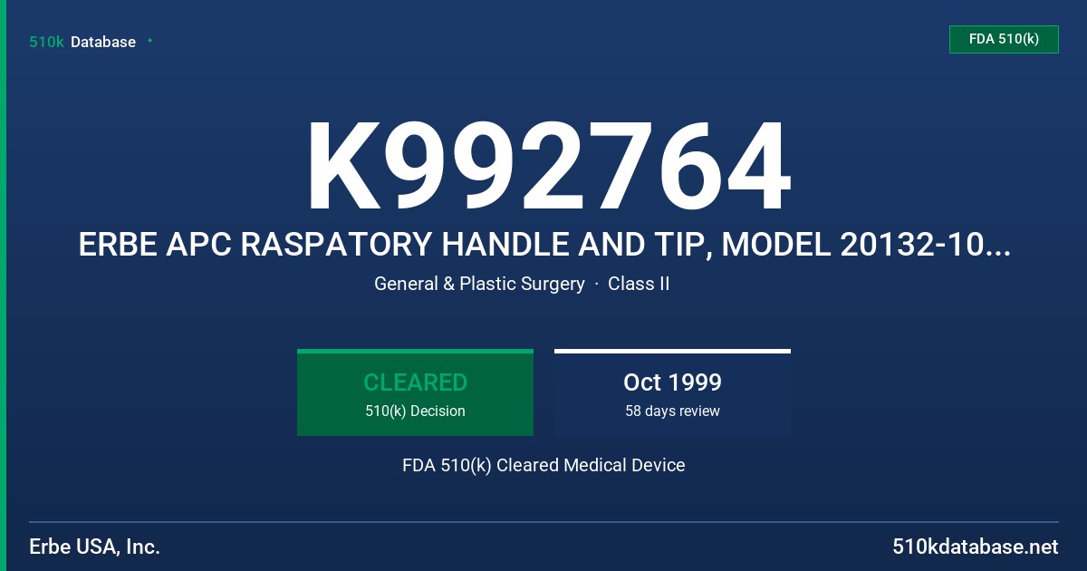 K992764 ERBE APC RASPATORY HANDLE AND TIP, MODEL 20132-102, 20132-103 FDA 510(k) Cleared Medical Device