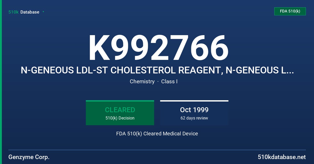 K992766 N-GENEOUS LDL-ST CHOLESTEROL REAGENT, N-GENEOUS LDL-ST CHOLESTEROL CALIBRATOR, GENZYME LDL CHOLESTEROL CONTROL SET FDA 510(k) Cleared Medical Device