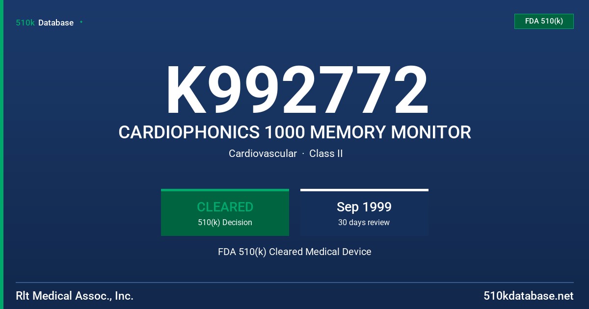 K992772 CARDIOPHONICS 1000 MEMORY MONITOR FDA 510(k) Cleared Medical Device