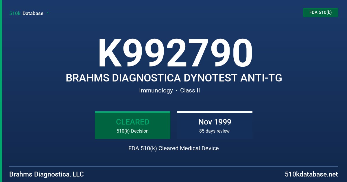 K992790 BRAHMS DIAGNOSTICA DYNOTEST ANTI-TG FDA 510(k) Cleared Medical Device
