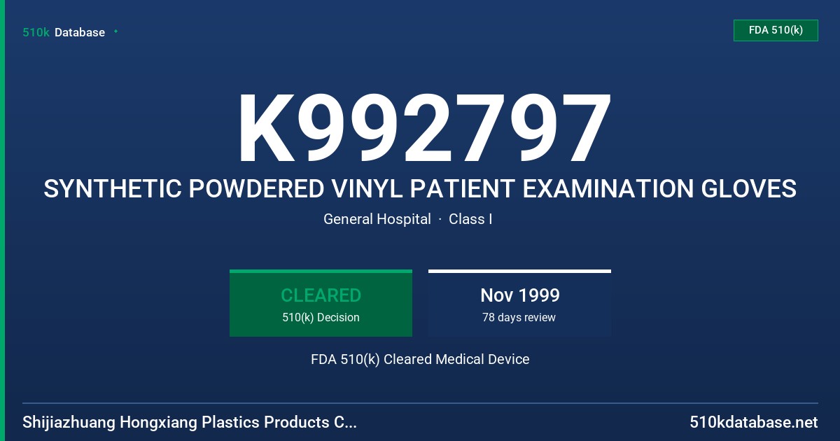 K992797 SYNTHETIC POWDERED VINYL PATIENT EXAMINATION GLOVES FDA 510(k) Cleared Medical Device