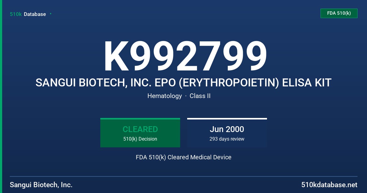 K992799 SANGUI BIOTECH, INC. EPO (ERYTHROPOIETIN) ELISA KIT FDA 510(k) Cleared Medical Device