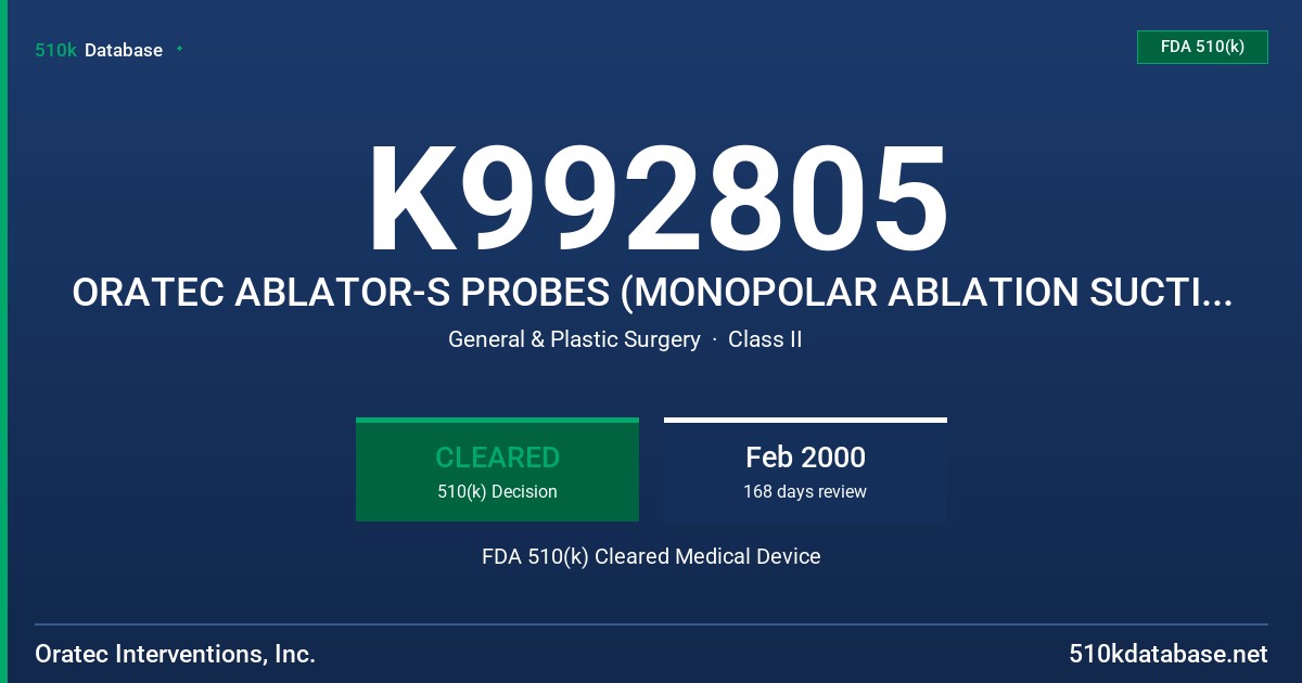 K992805 ORATEC ABLATOR-S PROBES (MONOPOLAR ABLATION SUCTION PROBES) FDA 510(k) Cleared Medical Device