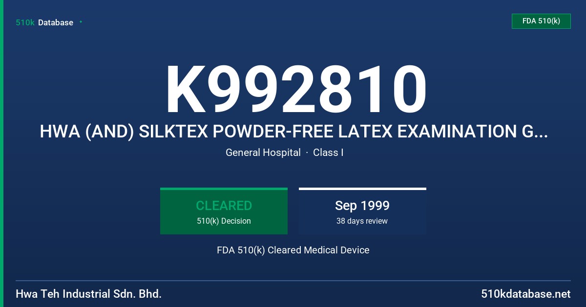 K992810 HWA (AND) SILKTEX POWDER-FREE LATEX EXAMINATION GLOVE FDA 510(k) Cleared Medical Device