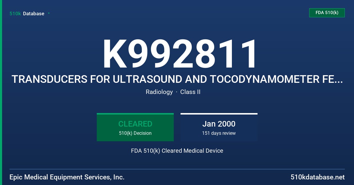 K992811 TRANSDUCERS FOR ULTRASOUND AND TOCODYNAMOMETER FETAL MONITORING FDA 510(k) Cleared Medical Device