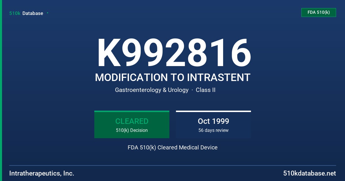 K992816 MODIFICATION TO INTRASTENT FDA 510(k) Cleared Medical Device
