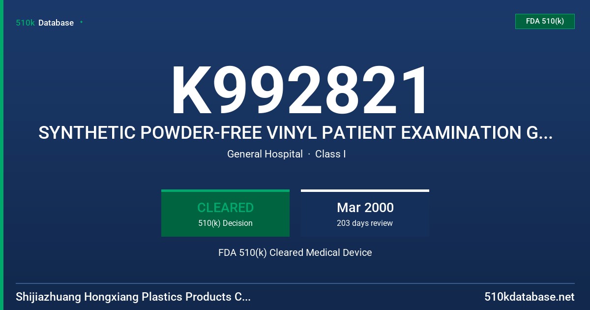 K992821 SYNTHETIC POWDER-FREE VINYL PATIENT EXAMINATION GLOVES FDA 510(k) Cleared Medical Device