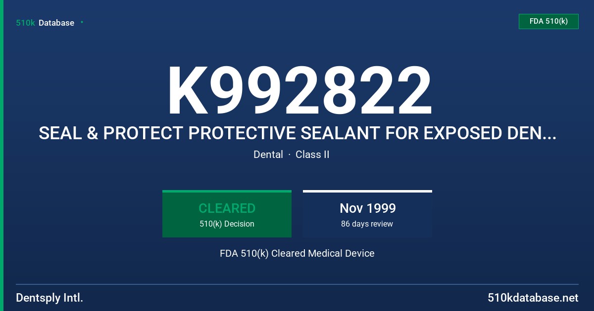 K992822 SEAL & PROTECT PROTECTIVE SEALANT FOR EXPOSED DENTINE FDA 510(k) Cleared Medical Device