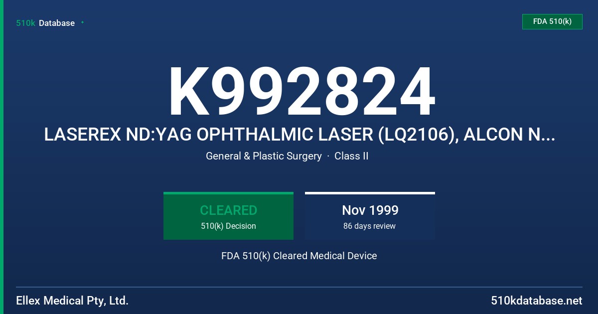 K992824 LASEREX ND:YAG OPHTHALMIC LASER (LQ2106), ALCON ND:YAG OPHTHALMIC LASER (3000LE), LASEREX ND:YAG OPHTHALMIC LASER, MODEL FDA 510(k) Cleared Medical Device