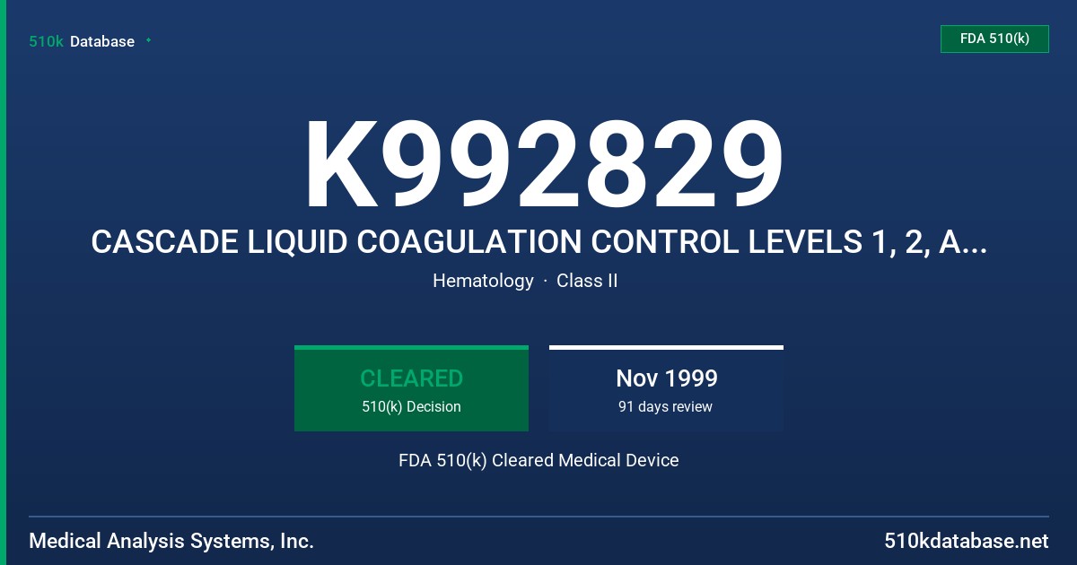 K992829 CASCADE LIQUID COAGULATION CONTROL LEVELS 1, 2, AND 3 FDA 510(k) Cleared Medical Device