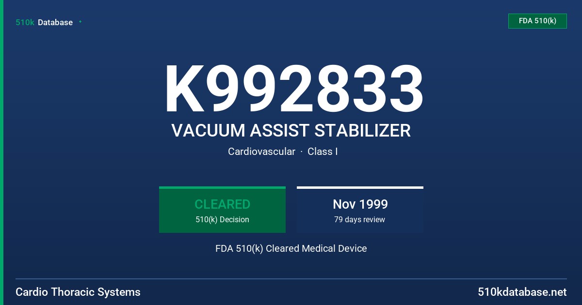 K992833 VACUUM ASSIST STABILIZER FDA 510(k) Cleared Medical Device