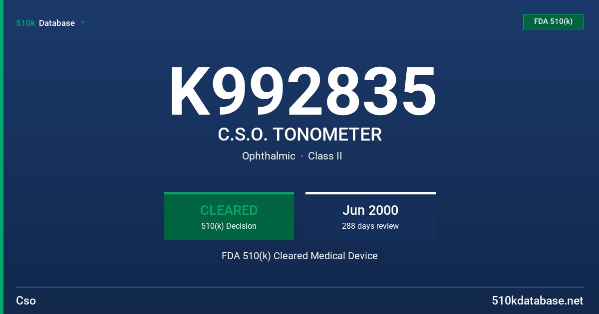 K992835 C.S.O. TONOMETER FDA 510(k) Cleared Medical Device