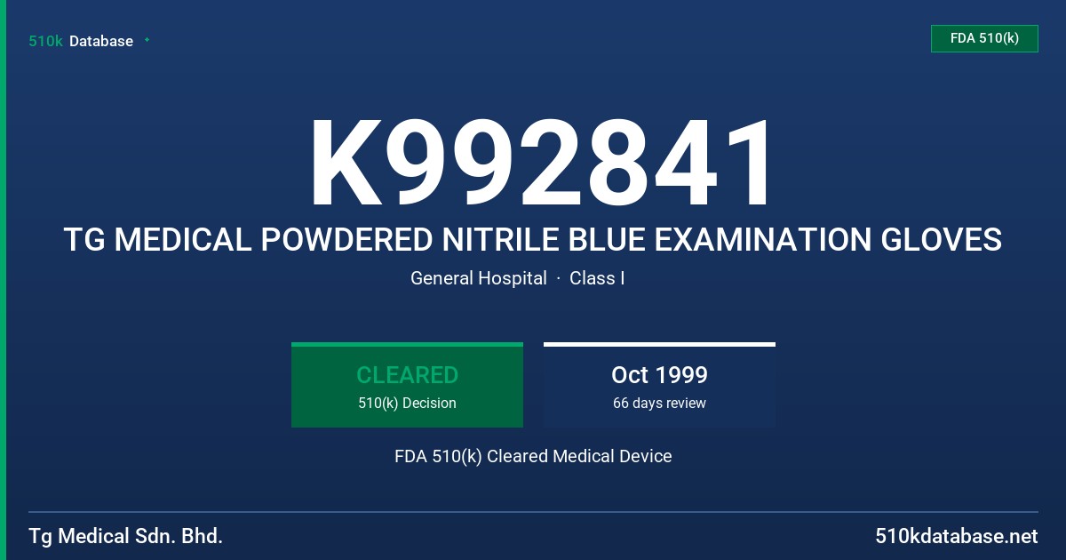 K992841 TG MEDICAL POWDERED NITRILE BLUE EXAMINATION GLOVES FDA 510(k) Cleared Medical Device