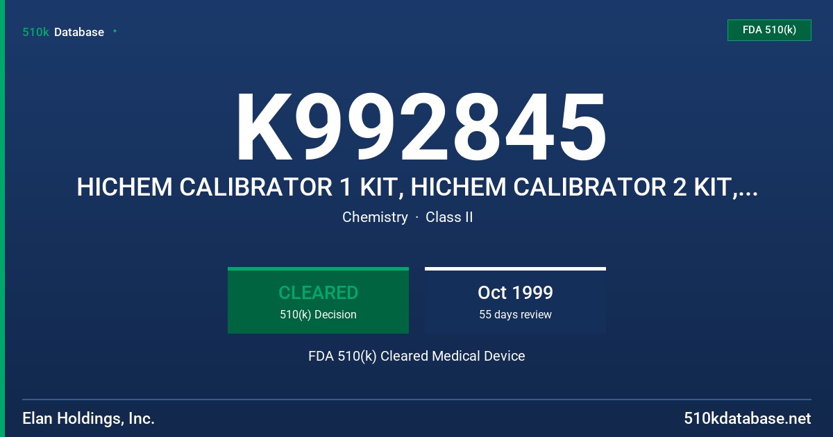 K992845 HICHEM CALIBRATOR 1 KIT, HICHEM CALIBRATOR 2 KIT, HICHEM CALIBRATOR 3 KIT, CALIBRATION STANDARDS KIT FDA 510(k) Cleared Medical Device