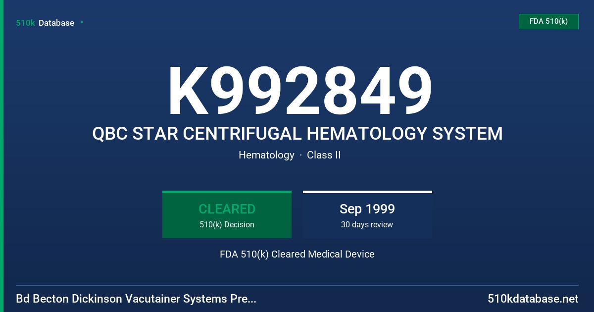 K992849 QBC STAR CENTRIFUGAL HEMATOLOGY SYSTEM FDA 510(k) Cleared Medical Device