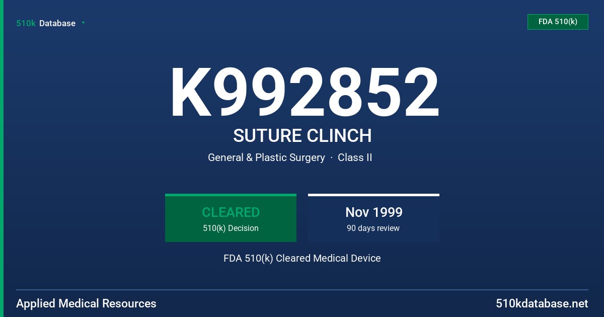 K992852 SUTURE CLINCH FDA 510(k) Cleared Medical Device