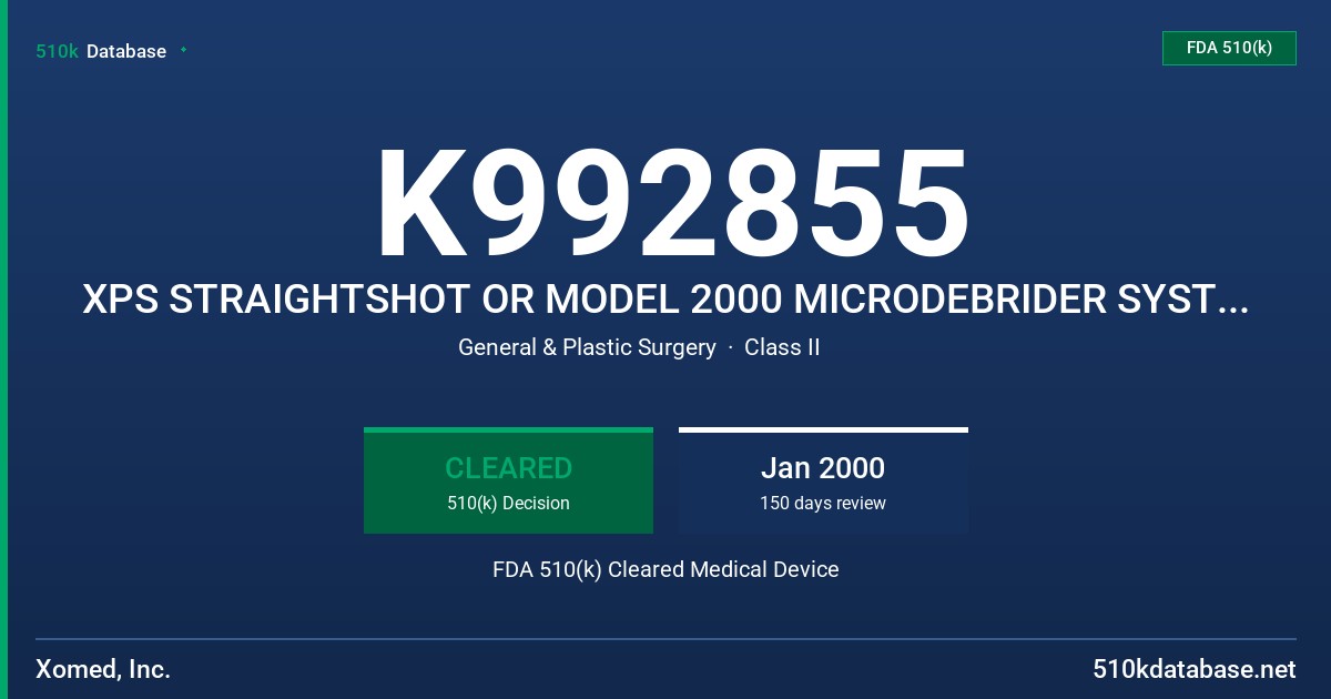 K992855 XPS STRAIGHTSHOT OR MODEL 2000 MICRODEBRIDER SYSTEM OR XPS POWERSCULPT FDA 510(k) Cleared Medical Device