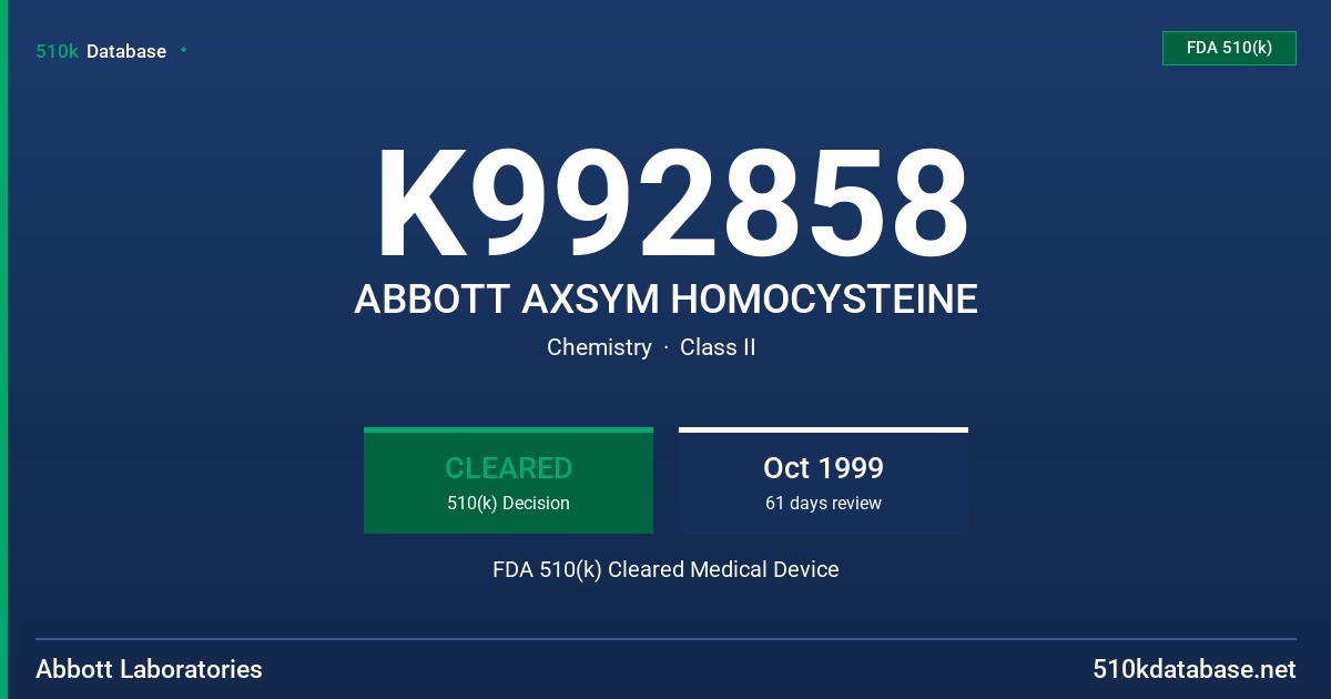 K992858 ABBOTT AXSYM HOMOCYSTEINE FDA 510(k) Cleared Medical Device