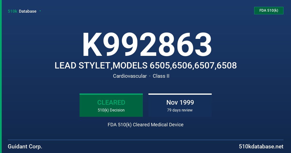 K992863 LEAD STYLET,MODELS 6505,6506,6507,6508 FDA 510(k) Cleared Medical Device