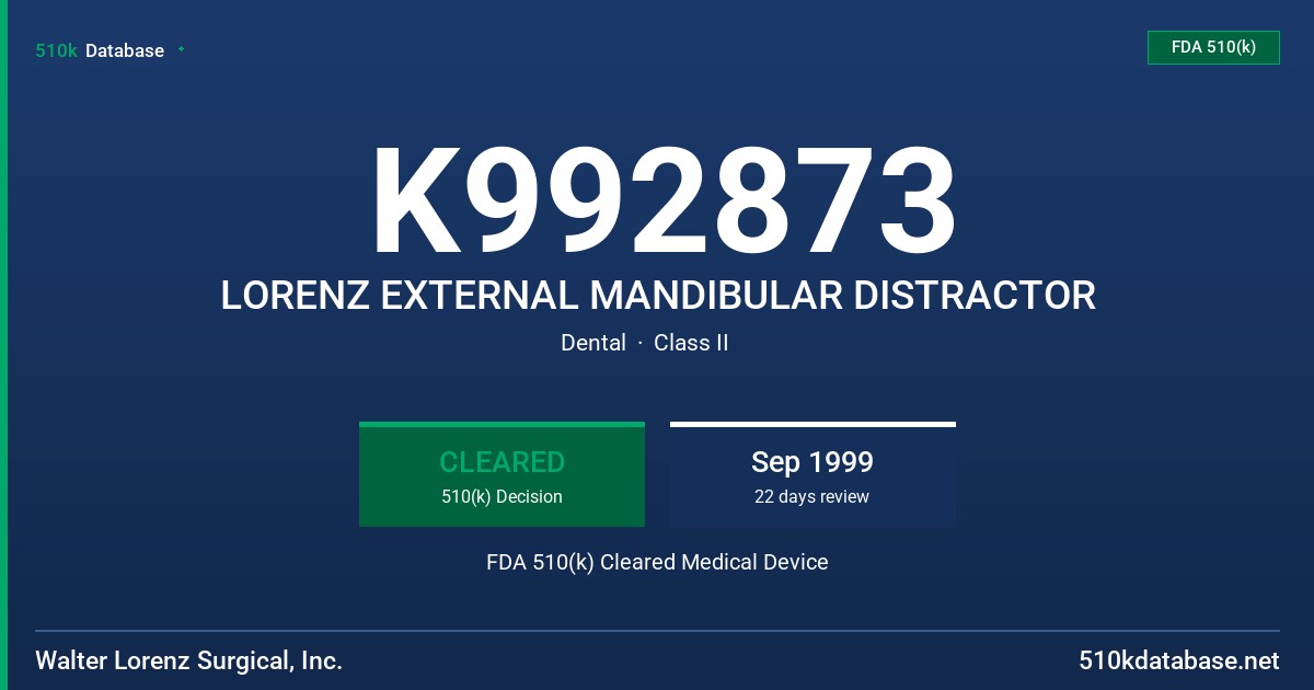 K992873 LORENZ EXTERNAL MANDIBULAR DISTRACTOR FDA 510(k) Cleared Medical Device