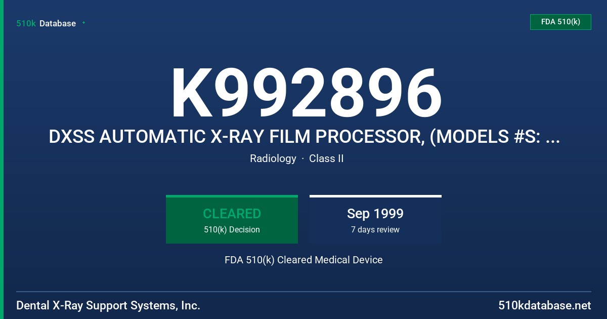 K992896 DXSS AUTOMATIC X-RAY FILM PROCESSOR, (MODELS #S: 512, 1530, 812, 830) FDA 510(k) Cleared Medical Device