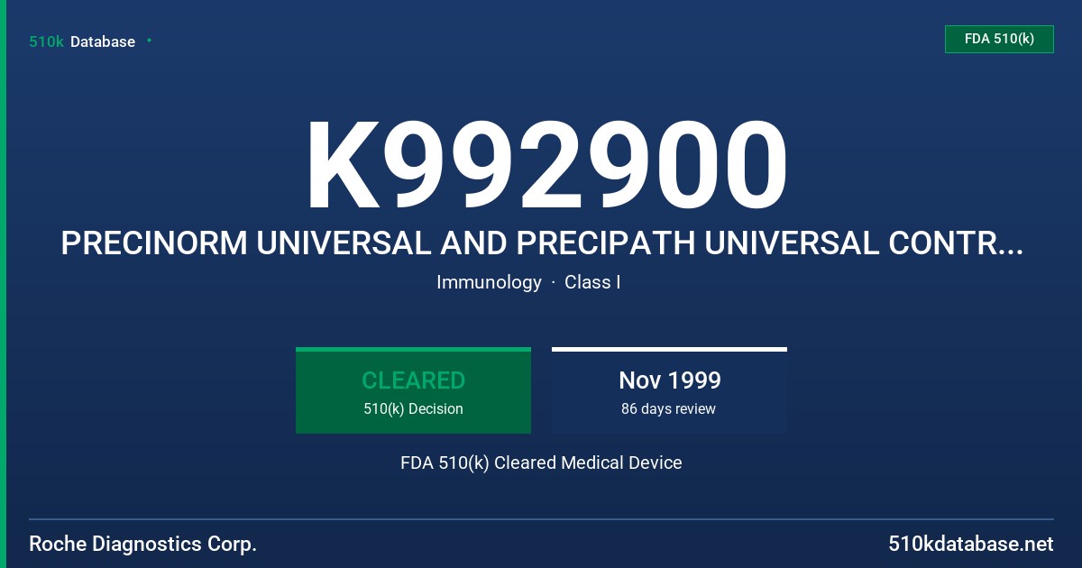 K992900 PRECINORM UNIVERSAL AND PRECIPATH UNIVERSAL CONTROL SERA FDA 510(k) Cleared Medical Device